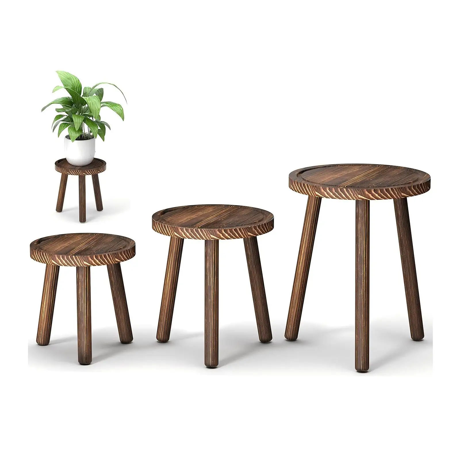 Home Office With Plants - 3 Parçalı Ahşap Bitki Standı Seti,