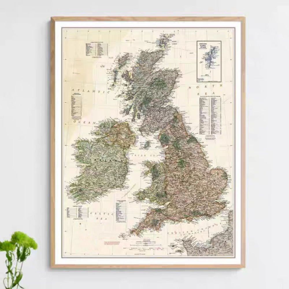 Home Office With Library - Vintage HD Britanya Haritası Posterleri Baskıları